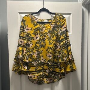 CAbi Yellow Floral Blouse with Ruffle Sleeves